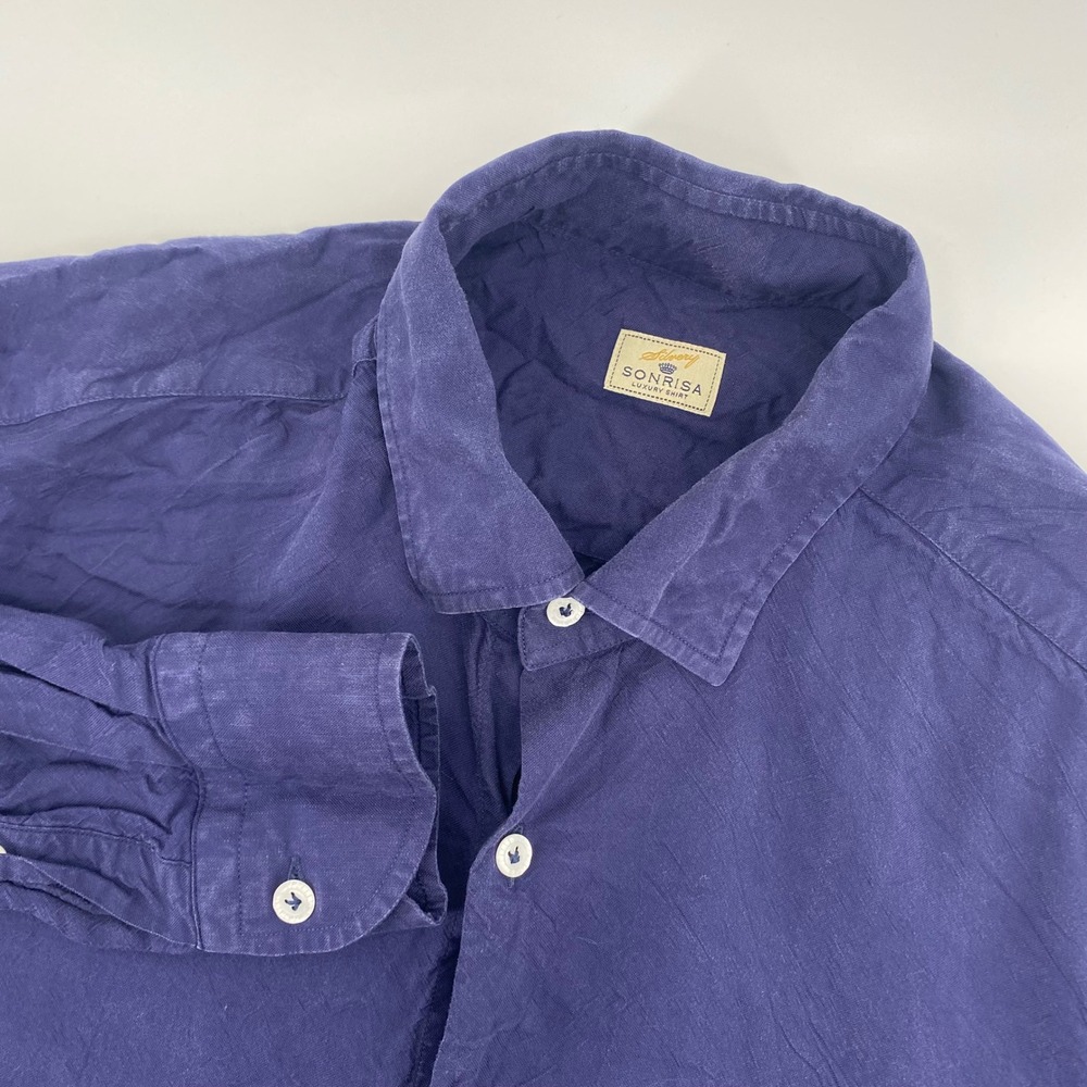 Sonrisa Silvery Shirt Mens 16.5 42 Blue Linen Blend Long Sleeve Italian Luxury